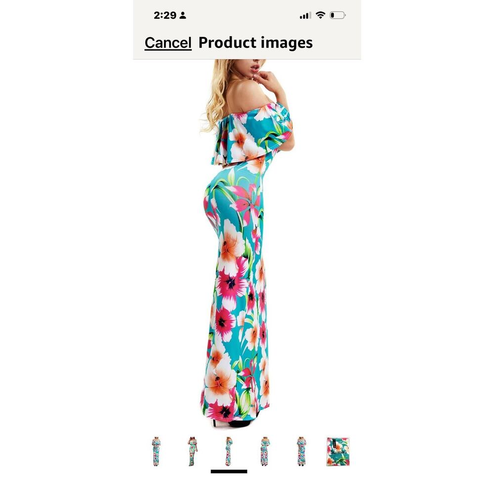 Womens M Off The Shoulder Ruffle Floral Printed Hawaiian Long Maxi Dress NWT - Picture 2 of 9